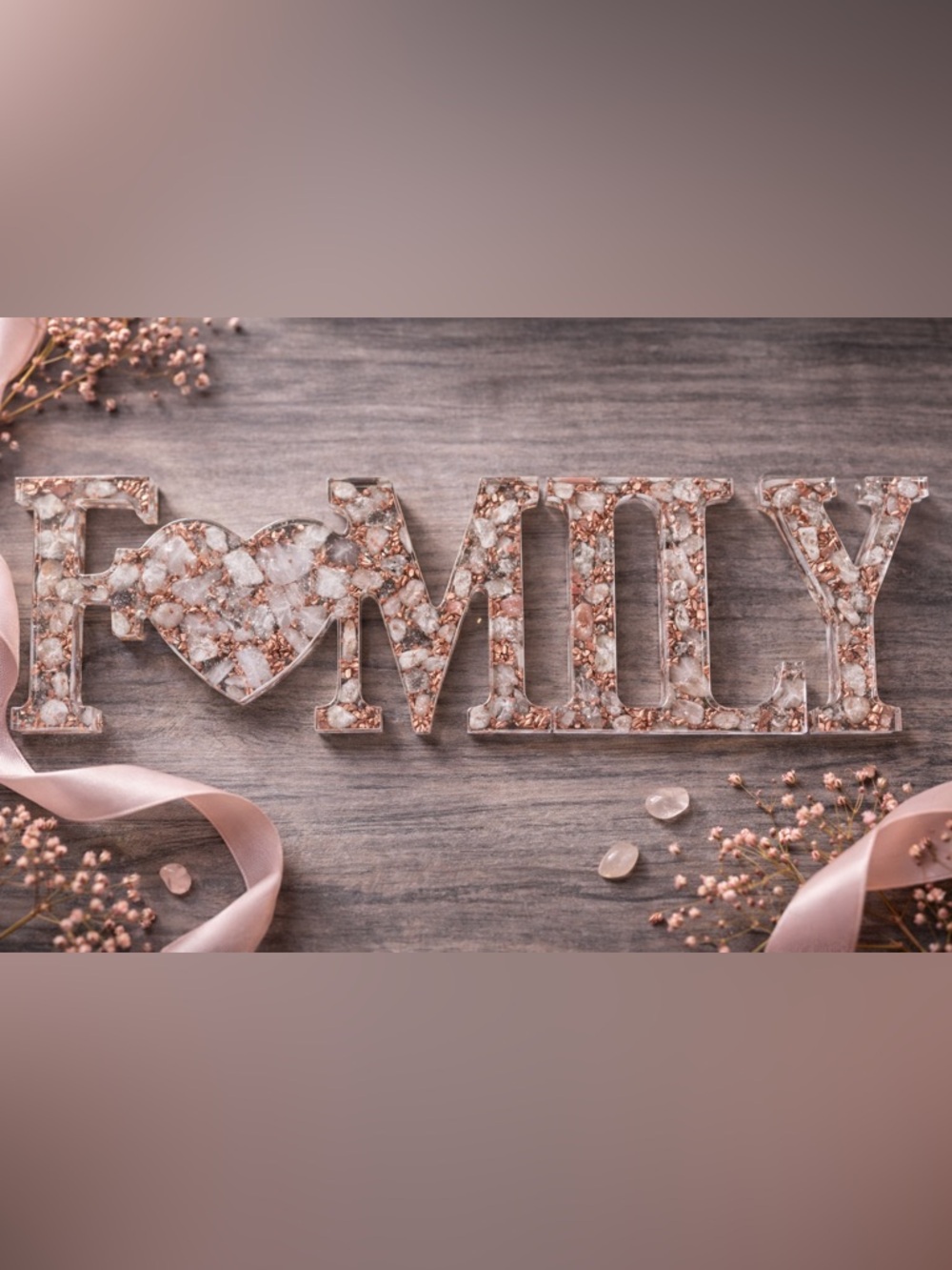 Handmade Crystal Resin Word Decor – Rose Quartz, Orange Calcite & Copper Flake